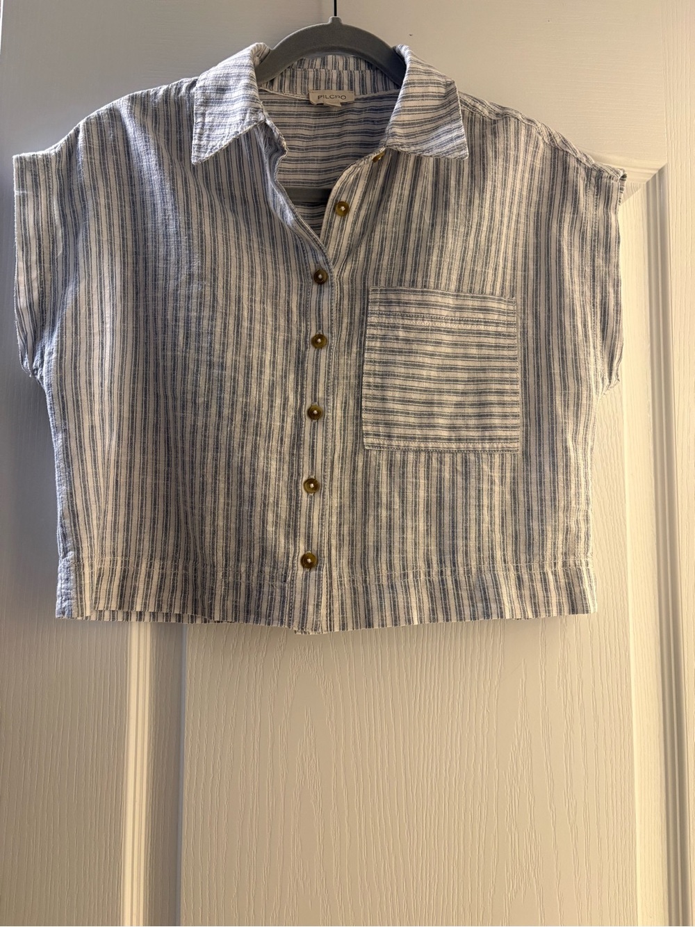 Pilcro and the Letterpress Blue and White Striped Button-Down Crop Shirt